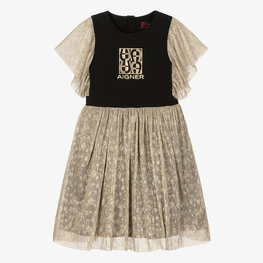 AIGNER-Girls Black & Metallic Gold Cotton Dress | Childrensalon Outlet