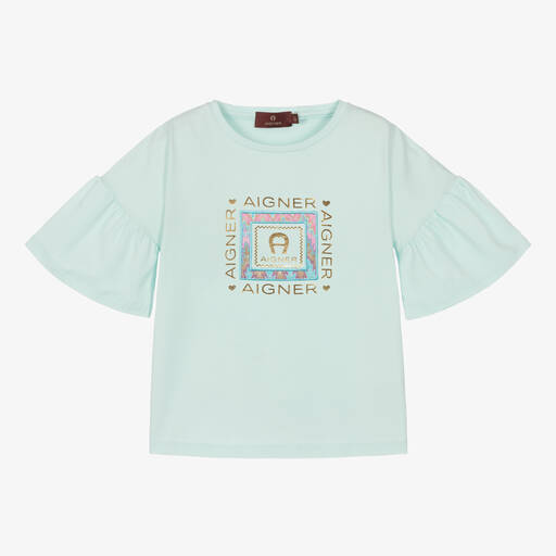 AIGNER-Girls Blue Cotton Frill Sleeve T-Shirt | Childrensalon Outlet