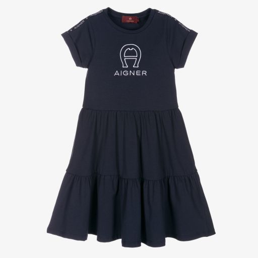 AIGNER-Girls Blue Cotton Logo Dress | Childrensalon Outlet