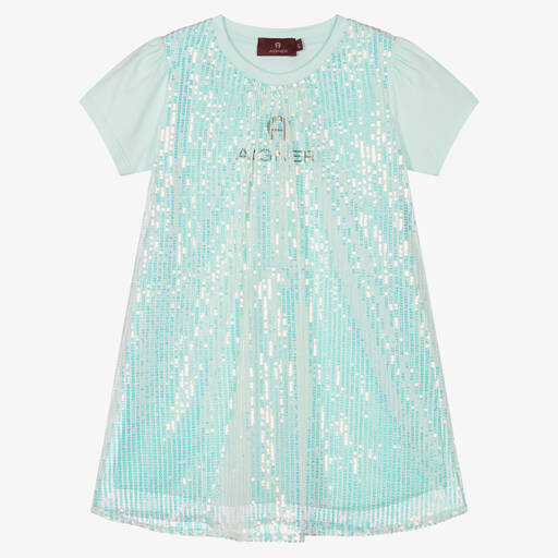 AIGNER-Girls Blue Sequin Logo Dress | Childrensalon Outlet