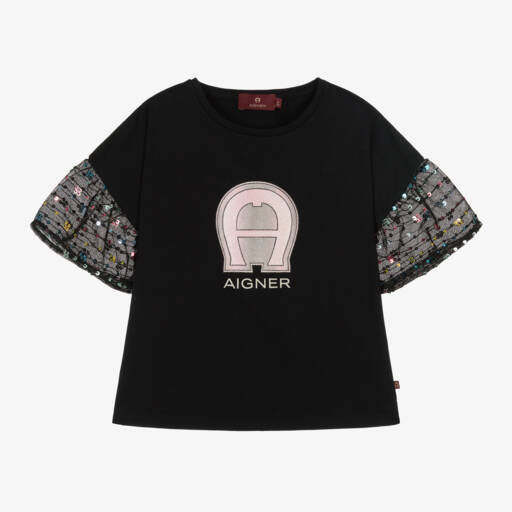 AIGNER-Girls Cotton & Tulle Black Tee | Childrensalon Outlet