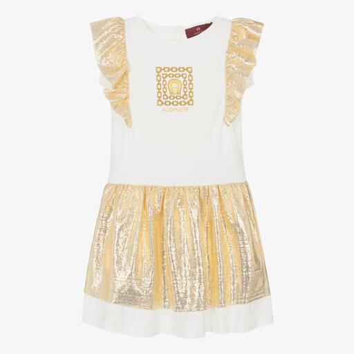 AIGNER-فستان قطن جيرسي لون ذهبي وعاجي مزين بكشكش | Childrensalon Outlet