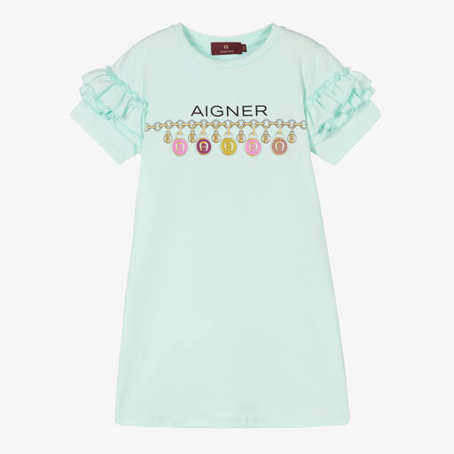 AIGNER-Girls Green Cotton Logo Dress | Childrensalon Outlet