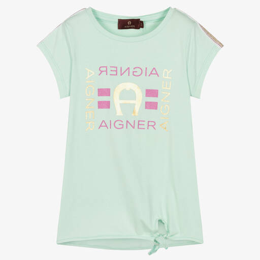 AIGNER-Girls Green Cotton Logo T-Shirt | Childrensalon Outlet
