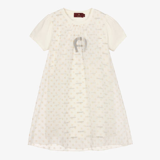 AIGNER-Girls Ivory Chiffon Polka Dot Dress | Childrensalon Outlet