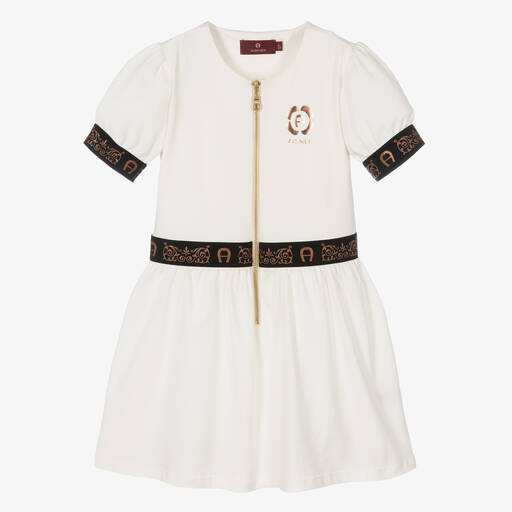 AIGNER-Girls Ivory Cotton Logo Dress | Childrensalon Outlet