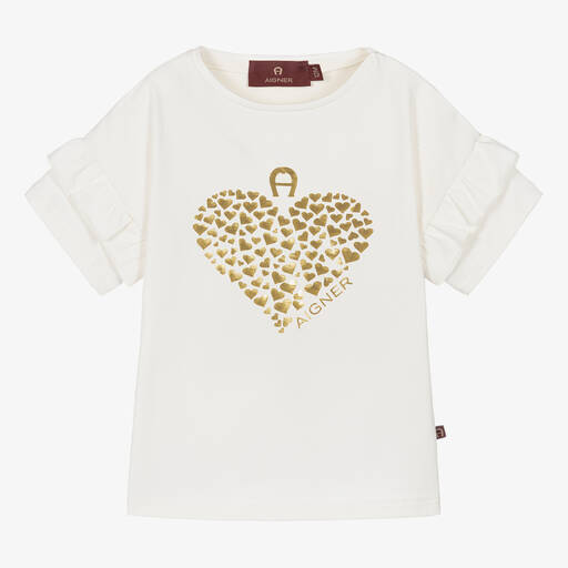 AIGNER-Girls Ivory & Gold Cotton Heart T-Shirt | Childrensalon Outlet