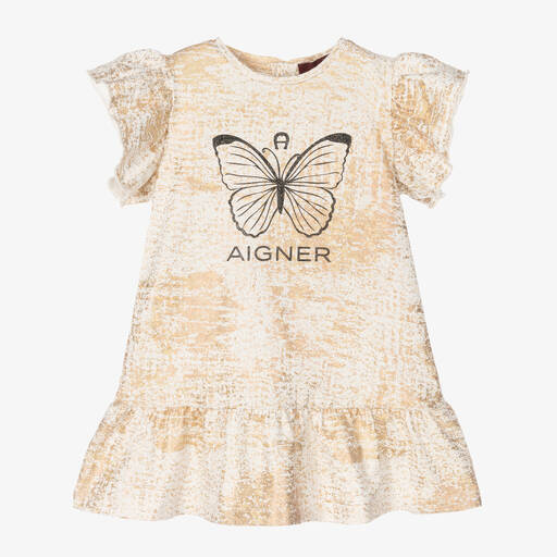 AIGNER-Girls Ivory & Gold Cotton Logo Dress | Childrensalon Outlet