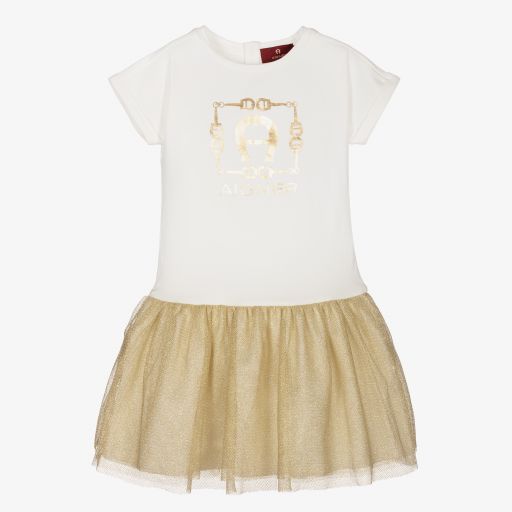 AIGNER-Girls Ivory & Gold Logo Dress | Childrensalon Outlet
