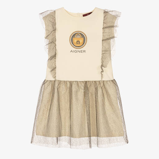 AIGNER-Золотисто-кремовое платье из джерси и тюля | Childrensalon Outlet