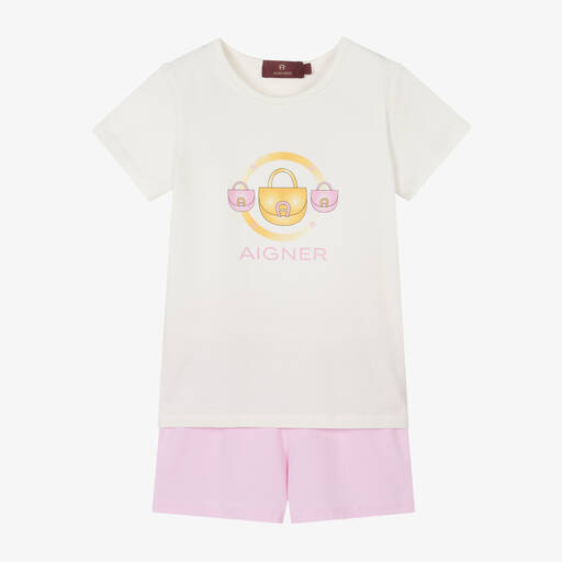 AIGNER-Girls Ivory & Pink Cotton Short Pyjamas | Childrensalon Outlet