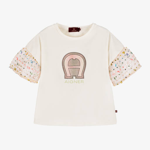 AIGNER-تيشيرت عاجي للبنات بأكمام مزينة بالترتر | Childrensalon Outlet