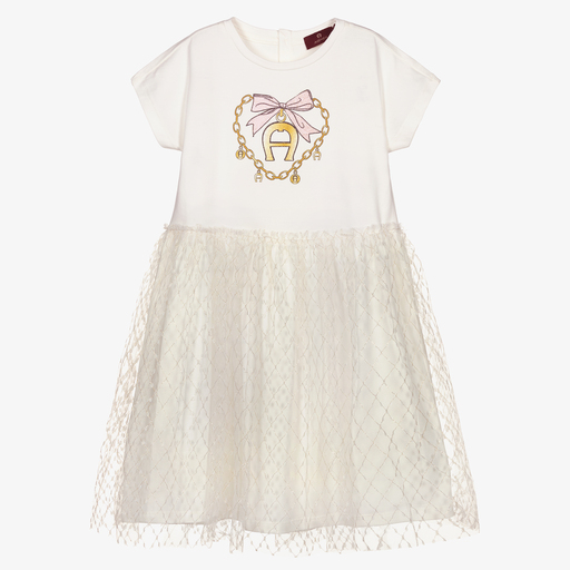 AIGNER-Girls Ivory Tulle Logo Dress | Childrensalon Outlet