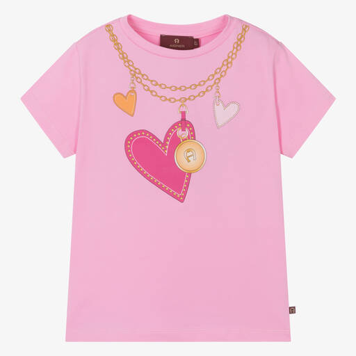 AIGNER-Розовая хлопковая футболка с сердечками на цепочке | Childrensalon Outlet