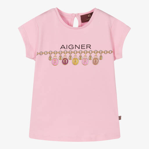 AIGNER-Girls Pink Cotton Logo T-Shirt | Childrensalon Outlet