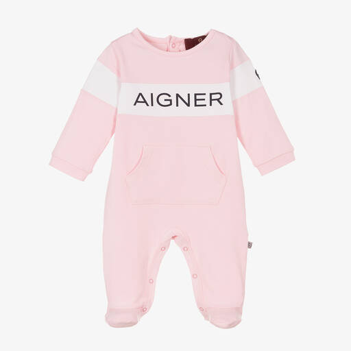 AIGNER-Girls Pink Pima Cotton Logo Babygrow | Childrensalon Outlet