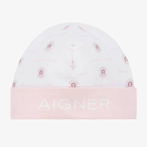 AIGNER-Girls Pink & White Pima Cotton Baby Hat | Childrensalon Outlet