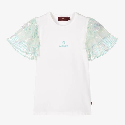 AIGNER-Girls White Cotton & Blue Sequin T-Shirt | Childrensalon Outlet