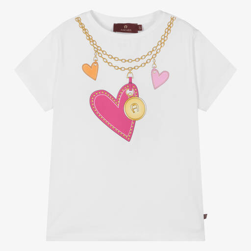 AIGNER-تيشيرت قطن جيرسي لون أبيض بطبعة قلوب للبنات | Childrensalon Outlet