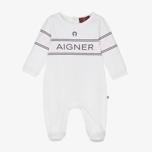 AIGNER-Girls White Cotton Logo Babygrow | Childrensalon Outlet