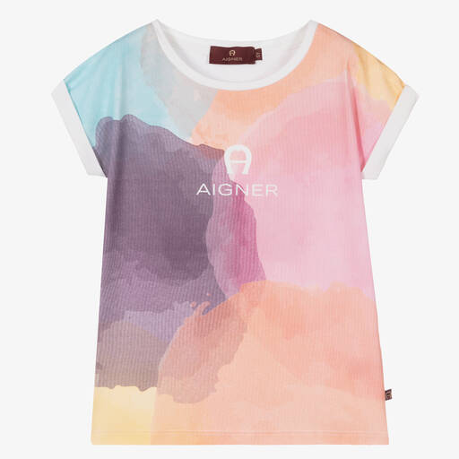 AIGNER-Girls White Cotton Watercolour T-Shirt | Childrensalon Outlet