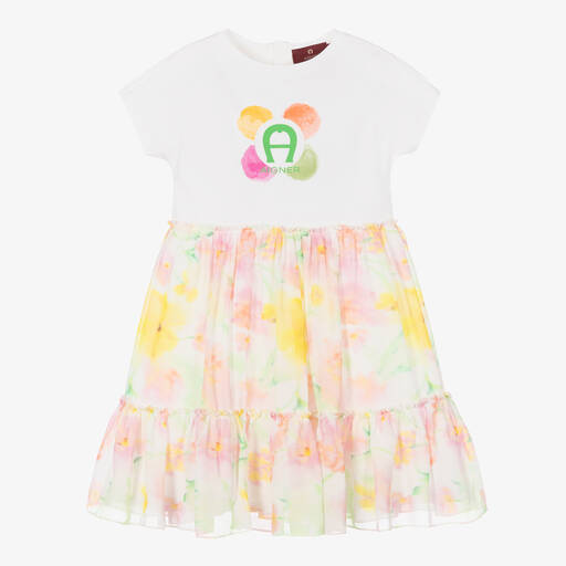 AIGNER-Girls White Floral Cotton & Chiffon Dress | Childrensalon Outlet