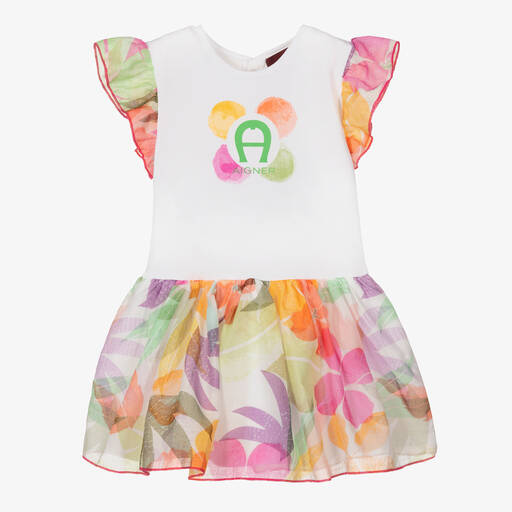 AIGNER-Robe blanche à fleurs en coton | Childrensalon Outlet