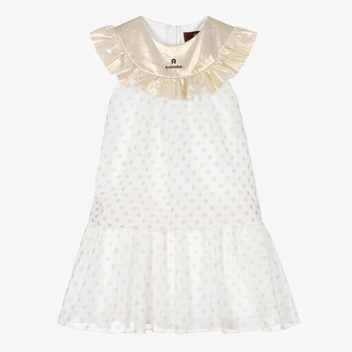 AIGNER-Бело-золотистое шифоновое платье | Childrensalon Outlet