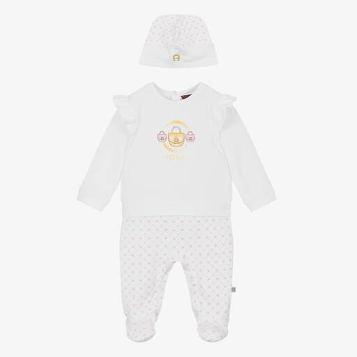 AIGNER-Белый комбинезон и шапочка из хлопка пима для девочек | Childrensalon Outlet