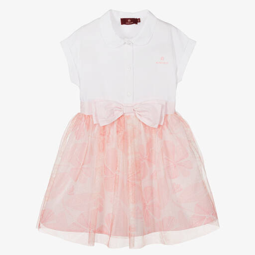 AIGNER-Girls White & Pink Cotton Dress | Childrensalon Outlet