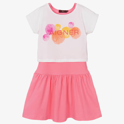 AIGNER-Girls White & Pink Cotton Dress Set | Childrensalon Outlet
