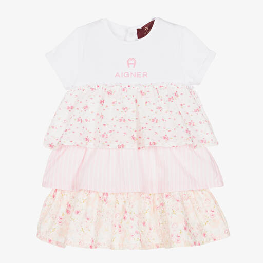 AIGNER-فستان قطن جيرسي مزين بكشكش لون أبيض وزهري | Childrensalon Outlet
