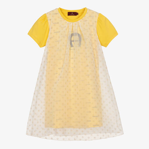 AIGNER-Girls Yellow Chiffon Polka Dot Dress | Childrensalon Outlet