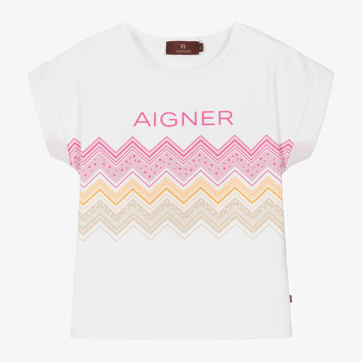 AIGNER-تيشيرت قطني أبيض بنمط متعرج للبنات | Childrensalon Outlet