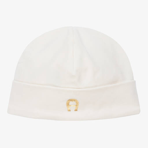 AIGNER-Кремовая шапочка из хлопка пима с золотистым логотипом | Childrensalon Outlet