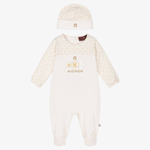 AIGNER-Ivory & Gold Pima Babygrow Set | Childrensalon Outlet