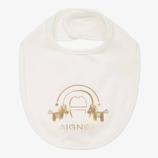 AIGNER-Ivory & Gold Pima Cotton Logo Bib | Childrensalon Outlet