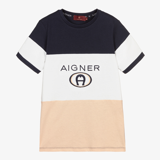 AIGNER-تيشيرت تينز ولادي قطن لون كحلي وبيج | Childrensalon Outlet