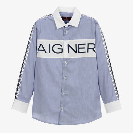 AIGNER-قميص قطن بوبلين مقلم لون كحلي وأبيض | Childrensalon Outlet