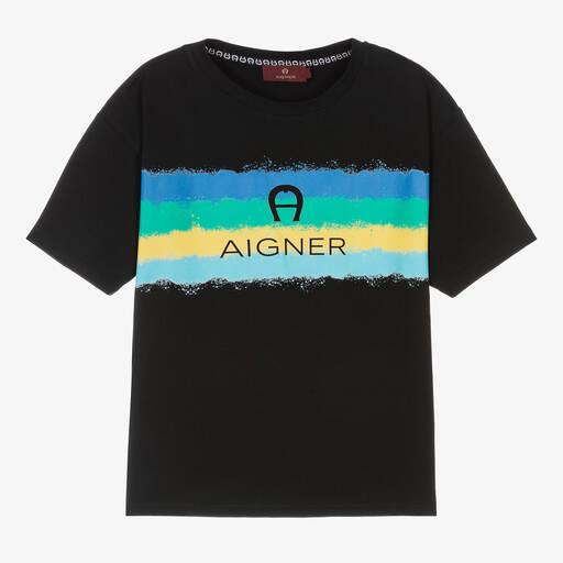 AIGNER-Teen Boys Black Cotton Logo T-Shirt | Childrensalon Outlet