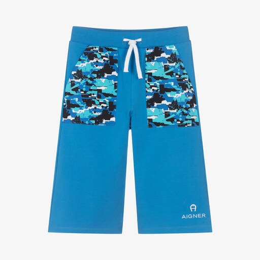AIGNER-Teen Boys Blue Cotton Logo Shorts | Childrensalon Outlet