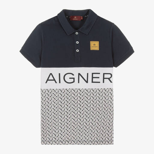AIGNER-Teen Boys Blue & White Cotton Polo Shirt | Childrensalon Outlet