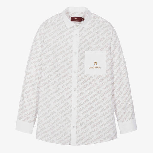 AIGNER-Teen Boys White & Beige Cotton Shirt | Childrensalon Outlet