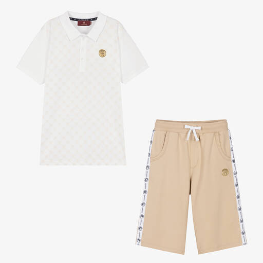 AIGNER-Teen Boys White & Beige Cotton Shorts Set | Childrensalon Outlet