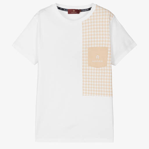AIGNER-Teen Boys White & Beige Cotton T-Shirt | Childrensalon Outlet