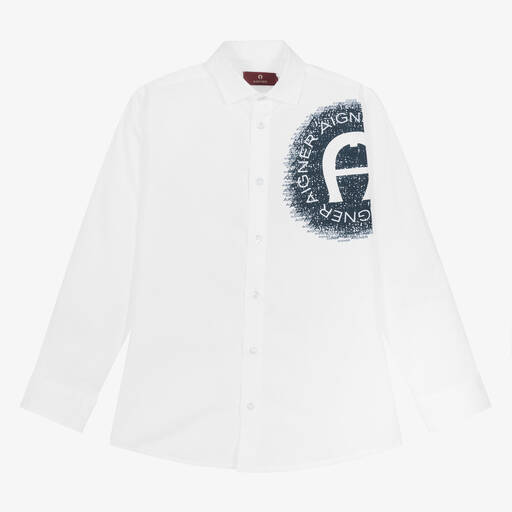 AIGNER-Teen Boys White & Blue Cotton Shirt | Childrensalon Outlet