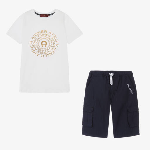 AIGNER-Teen Boys White & Blue Logo Shorts Set | Childrensalon Outlet