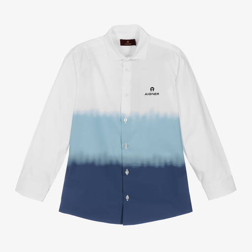 AIGNER-Teen Boys White & Blue Ombré Cotton Shirt | Childrensalon Outlet