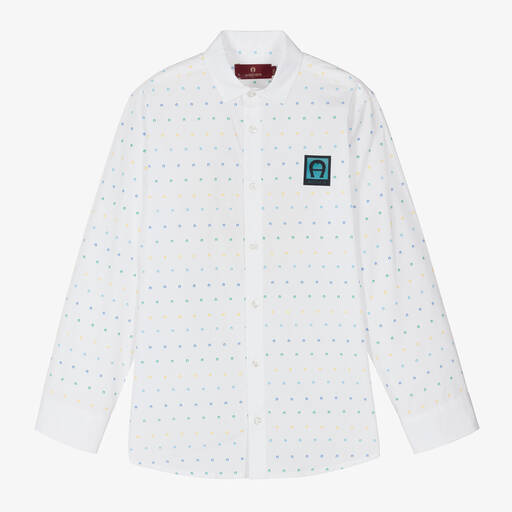 AIGNER-Teen Boys White Cotton Printed Shirt | Childrensalon Outlet