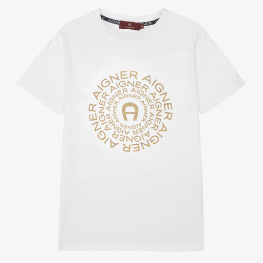 AIGNER-Teen Boys White & Gold Logo T-Shirt | Childrensalon Outlet